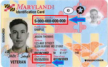 Sample New Maryland State ID Card. Issue date is located at the bottom center of the card.